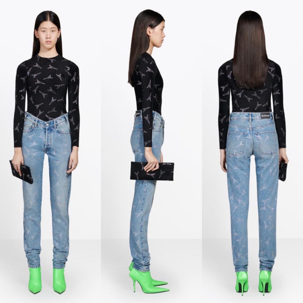 Balenciaga Crystal Eiffel Tower V-neck Denim Jeans in Blue